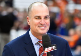 Feb 14, 2015; Syracuse, NY, USA; ESPN analyst Jay Bilas looks on prior to the game between the Duke Blue Devils and the Syracuse Orange at the Carrier Dome.  Duke defeated Syracuse 80-72.  Mandatory Credit: Rich Barnes-USA TODAY Sports
